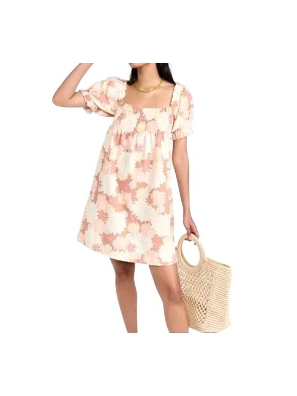 Faherty Coral Floral Organic Cotton Smocked Square-Neck Puff-Sleeve Dress Small
